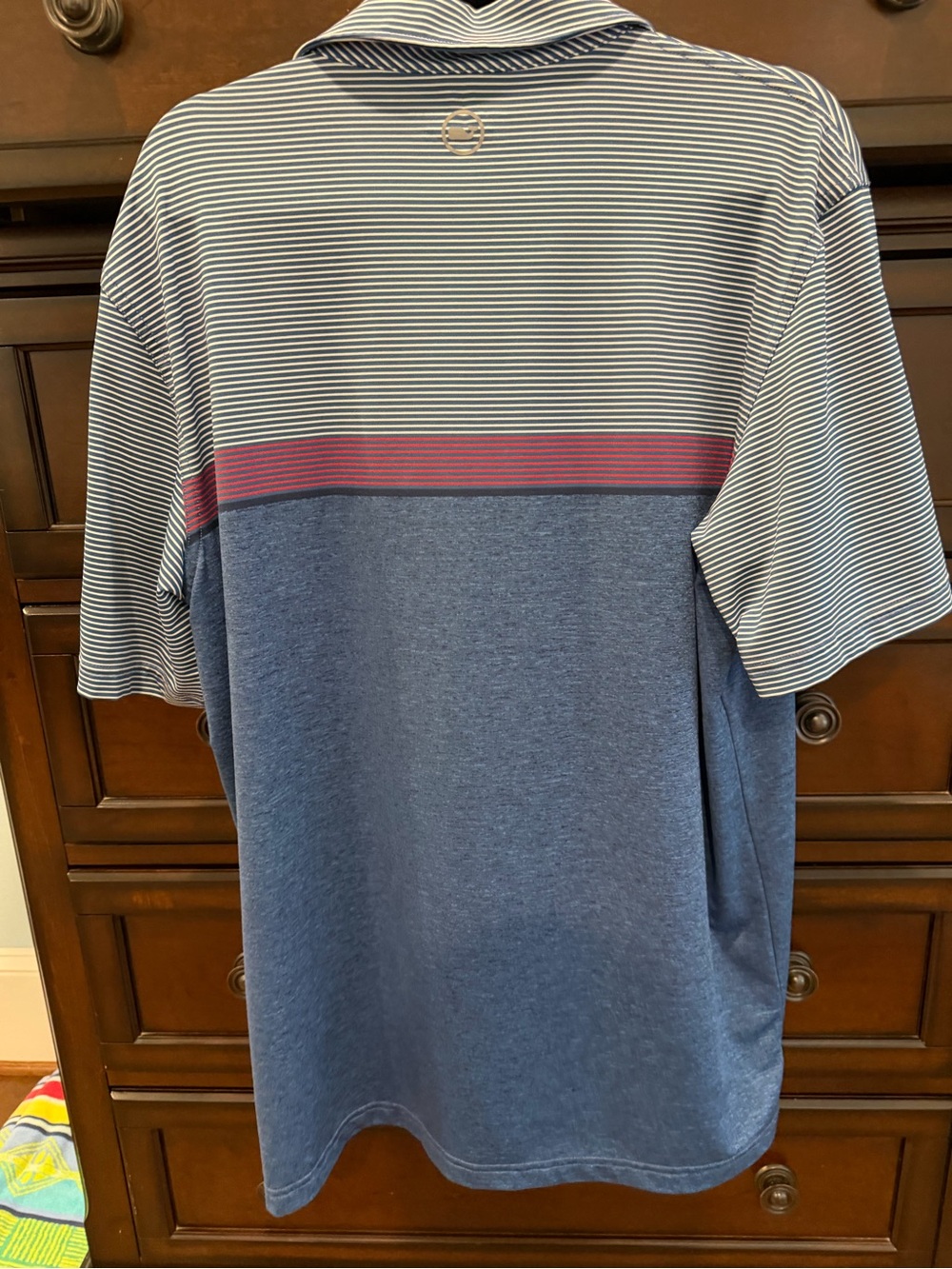 Vineyard Vines Blue and White Striped Polo with Red Stripe